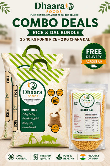 Dhaara Ponni rice 20kg (2x10kg bags) with 2kg chana dal combo free delivery UK