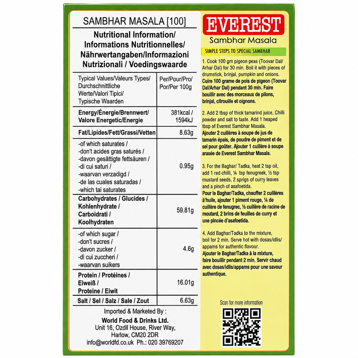 Everest Sambar Masala 100g back label with nutrition information and cooking instructions
