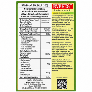 Everest Sambar Masala 100g back label with nutrition information and cooking instructions