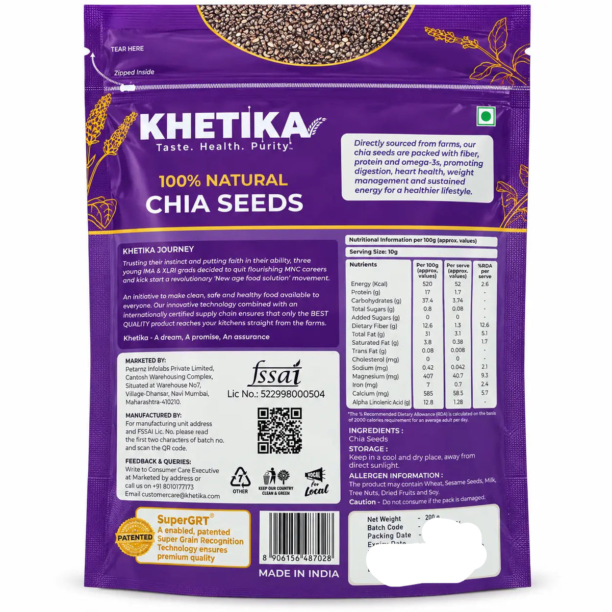 Khetika Chia Seeds 200g pack, back with nutrition and ingredient information