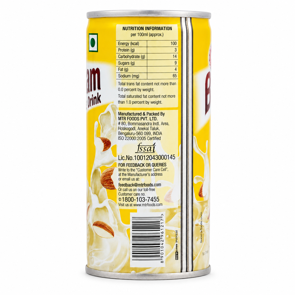 MTR Badam Drink 180ml can showing nutrition information