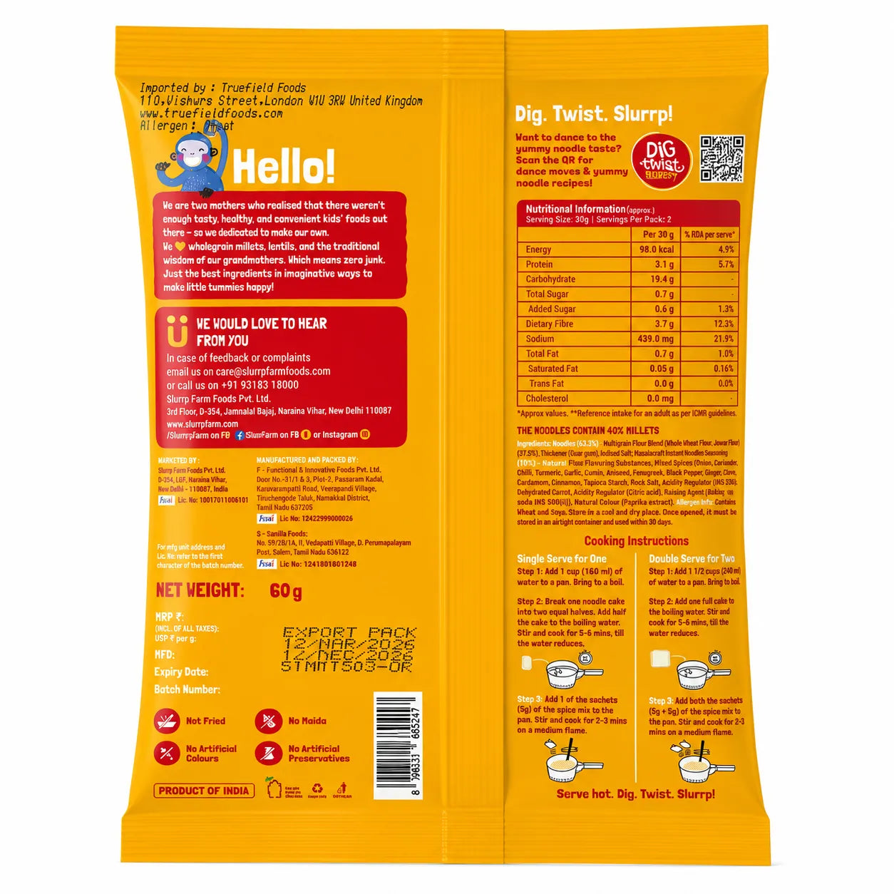 Back packaging panel of Big Twist. Slurpi! veggie pasta, showing product information, nutrition facts, ingredients, and cooking instructions on a bright yellow-orange background.
