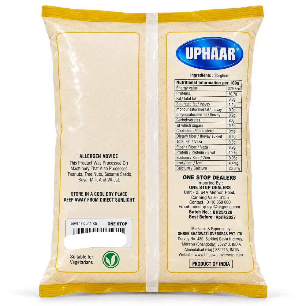 Uphaar Jowar Flour 1kg ingredients and allergen label
