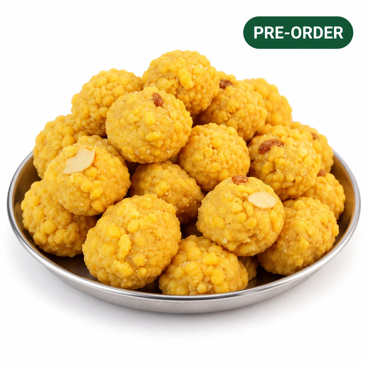 A pile of golden-yellow, textured Indian sweet balls (laddoo) with sliced almonds on a silver plate, with a green 'PRE-ORDER' badge in the top right corner.