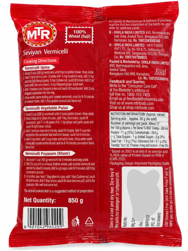 MTR Seviyan Vermicelli 850g ingredients and cooking instructions