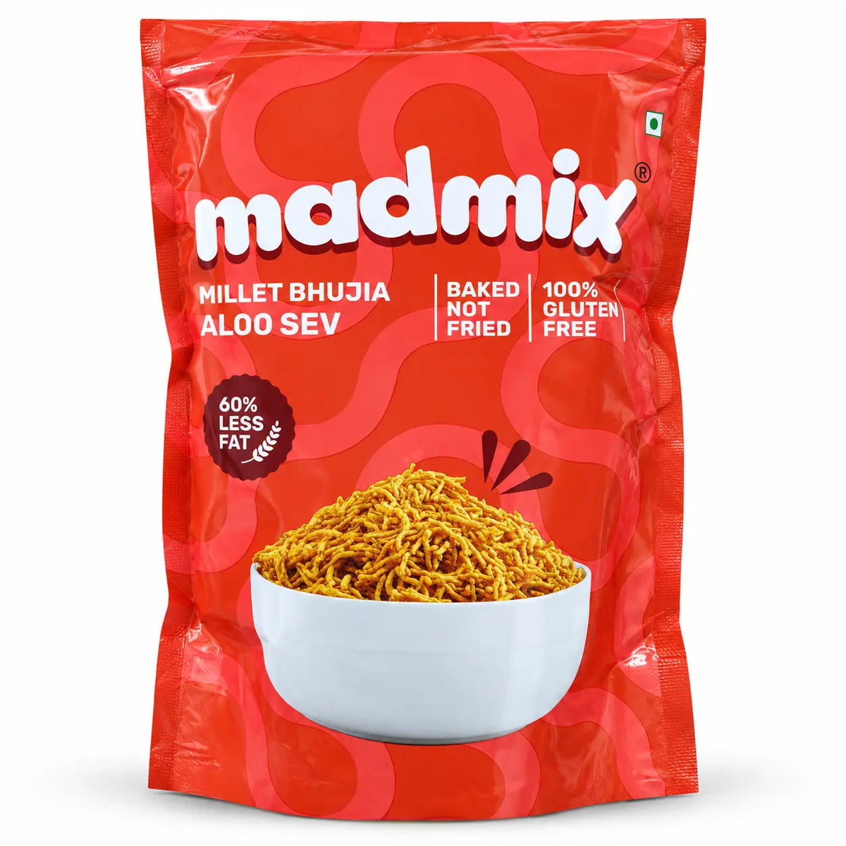 Madmix Millet Bhujia Aloo Sev 125g pack, ingredients and nutrition label