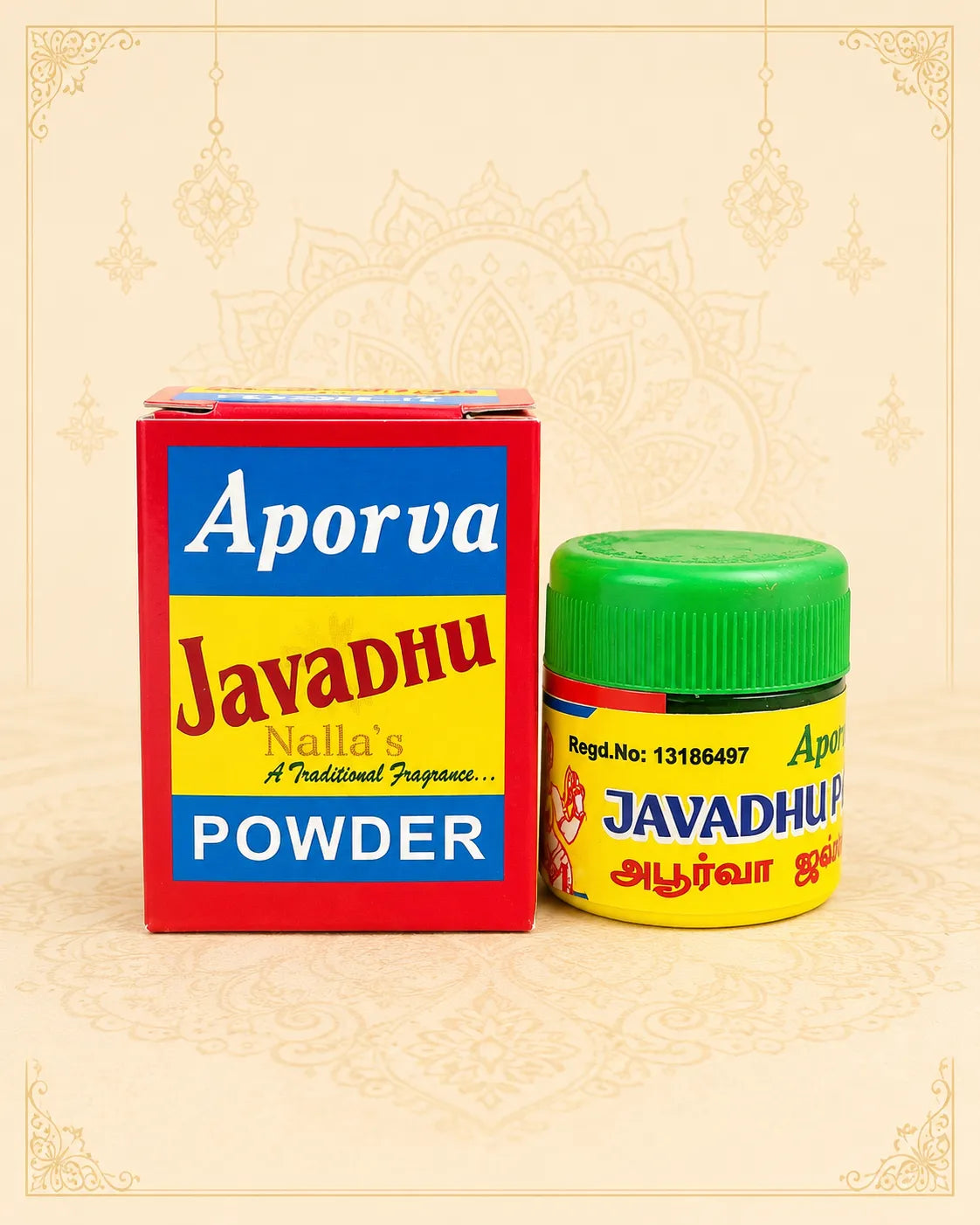 A box and a small bottle of Aporva Nalla's Javadhu Powder, featuring a red and blue box alongside a yellow bottle with a green cap, set against a light beige patterned background.