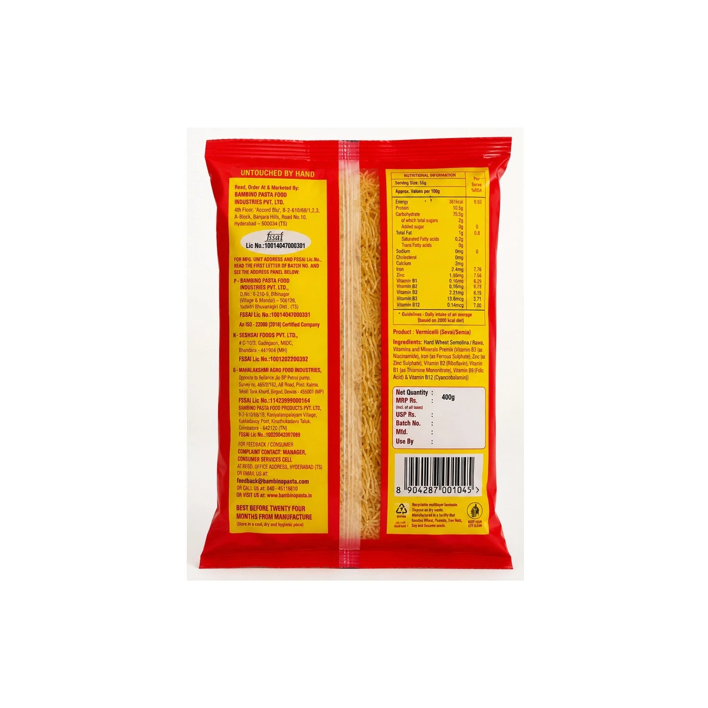 The back of a red and yellow package of dried pasta, showing nutritional information, ingredients, and a barcode on a plain white background.