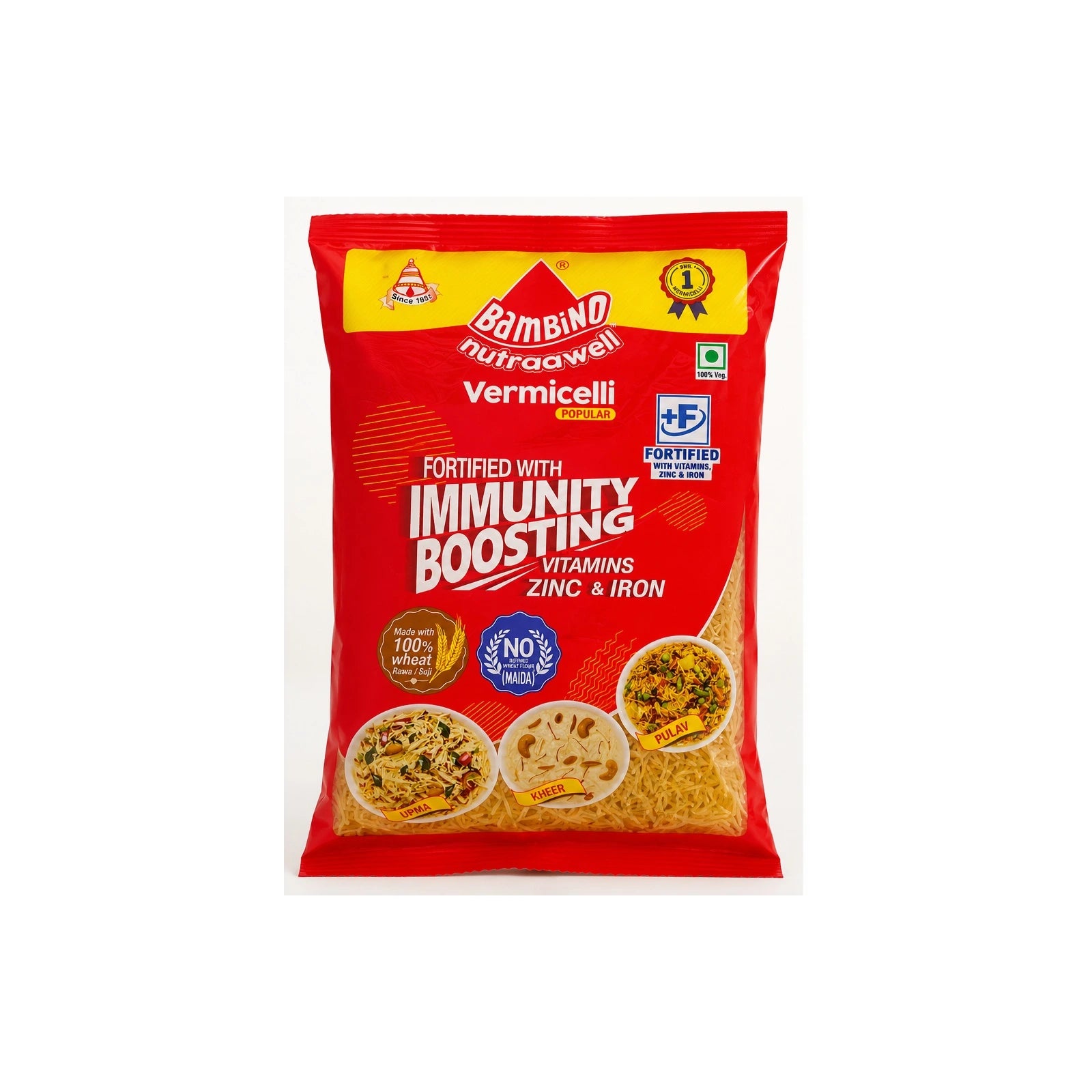 A package of Bambino Nutrawell Vermicelli Fortified with Immunity Boosting Vitamins Zinc & Iron, shown on a plain white background.