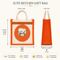 Bordered jute return gift bag showing 11 inch height, 10 inch width and 4 inch depth gusset