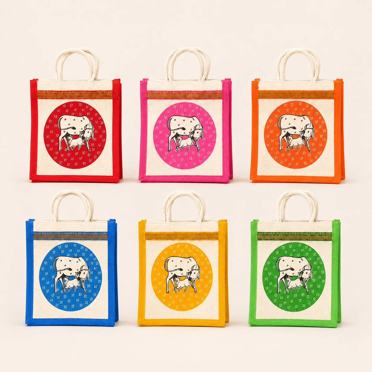 Bordered jute return gift bags with cow and calf print in six assorted colours