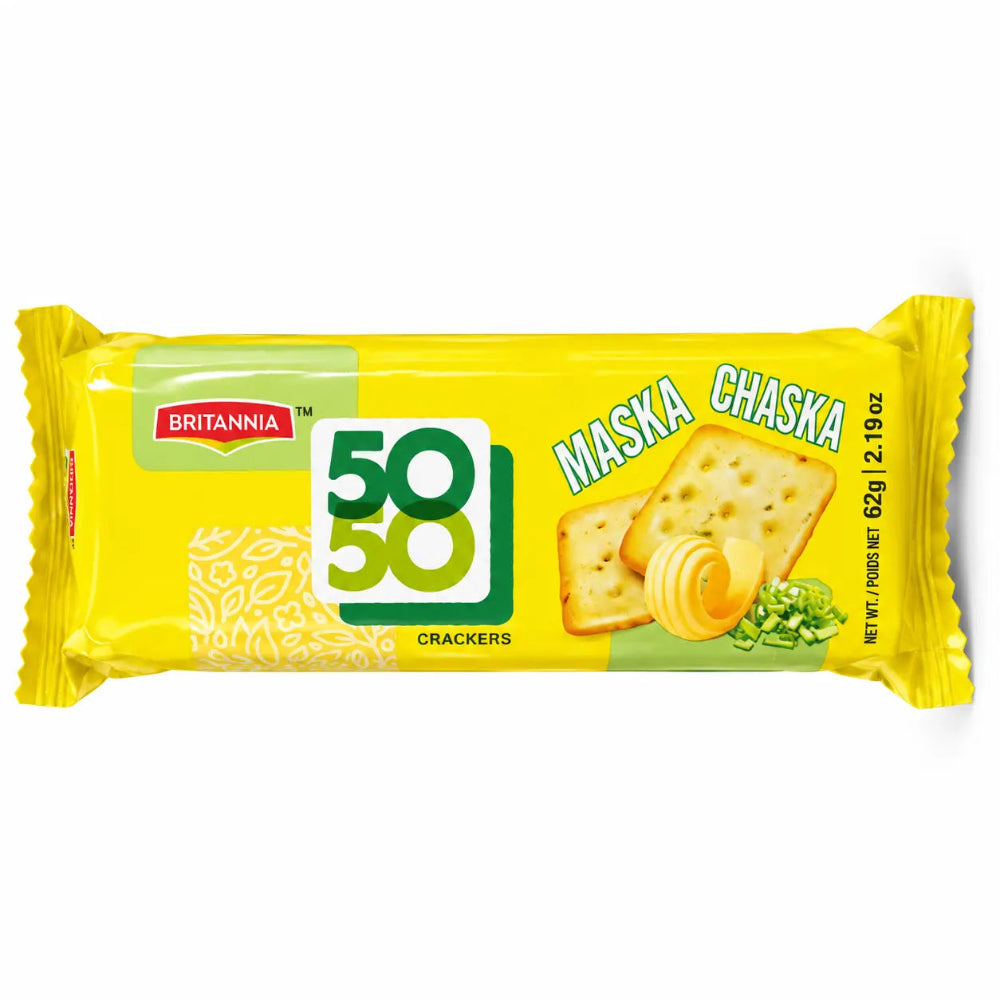 Front of Britannia 50-50 Maska Chaska 62g cracker packet