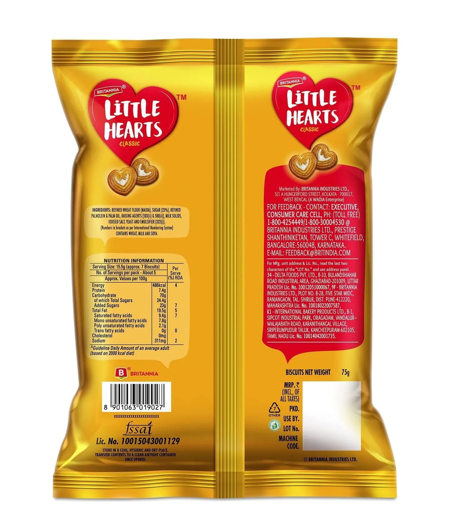Britannia Little Hearts 75g sweet puff biscuits for tea time kids snacks and lunch boxes ingredients 
