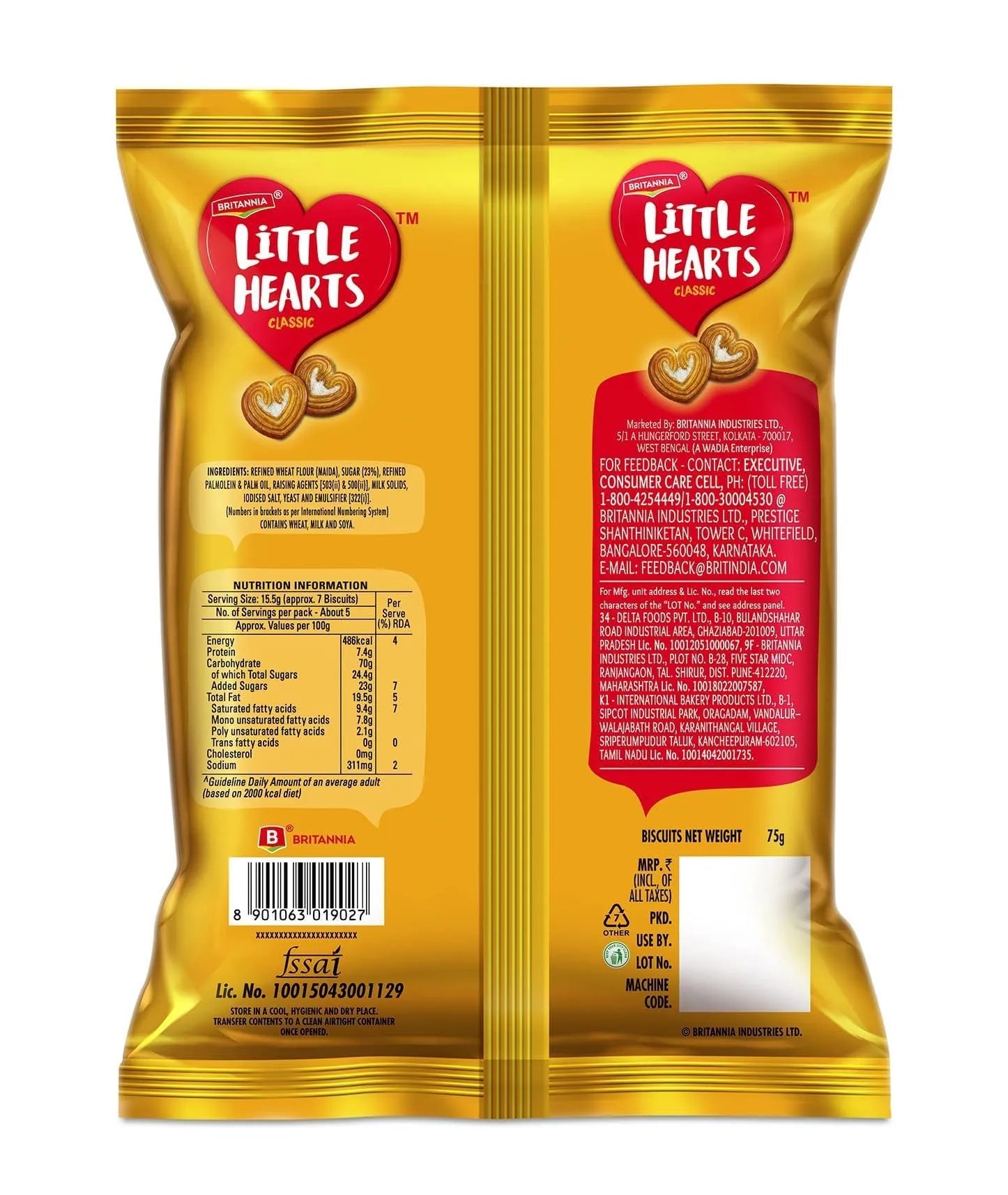 Britannia Little Hearts 75g sweet puff biscuits for tea time kids snacks and lunch boxes ingredients 