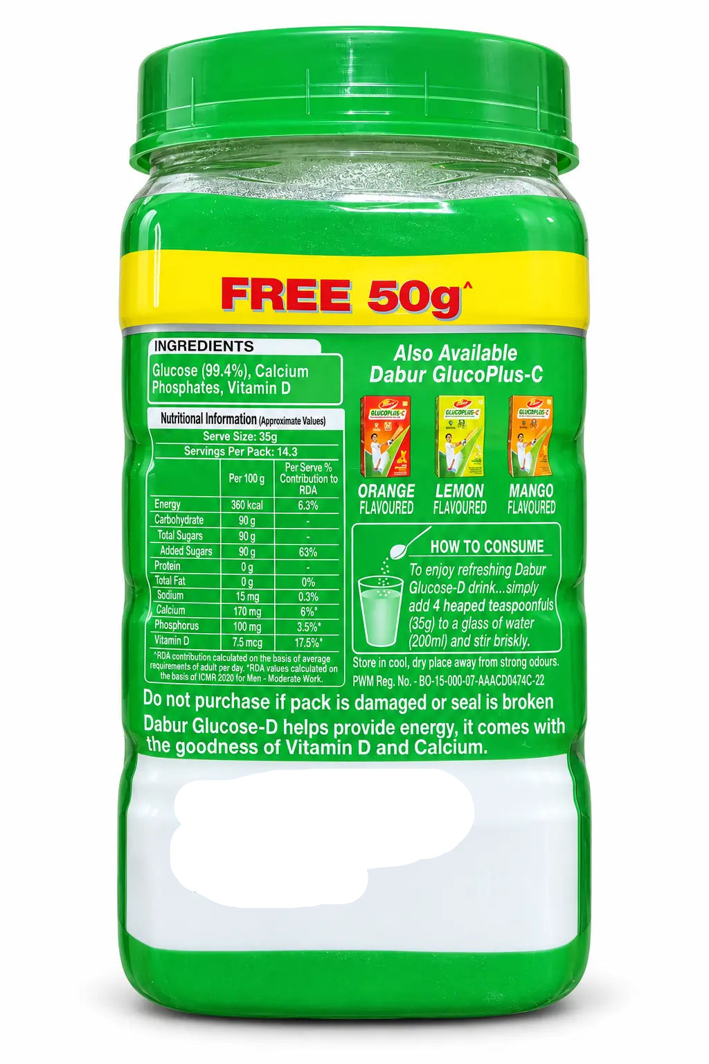 Dabur Glucose-D Classic jar, back label view