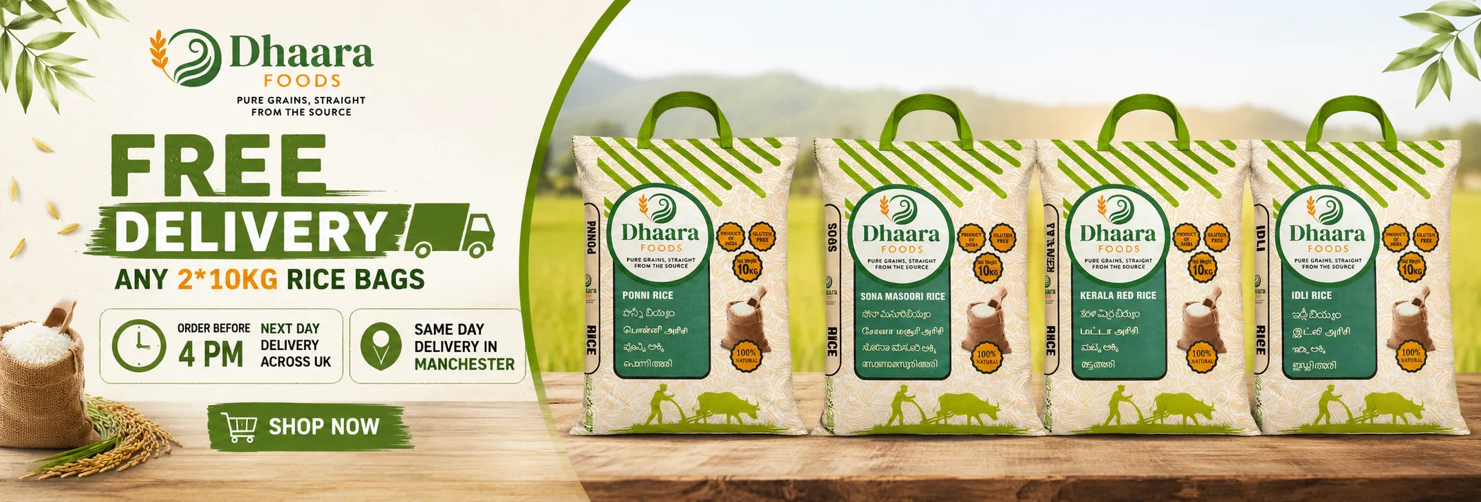 Dhaara rice bags with free delivery offer on a wooden surface