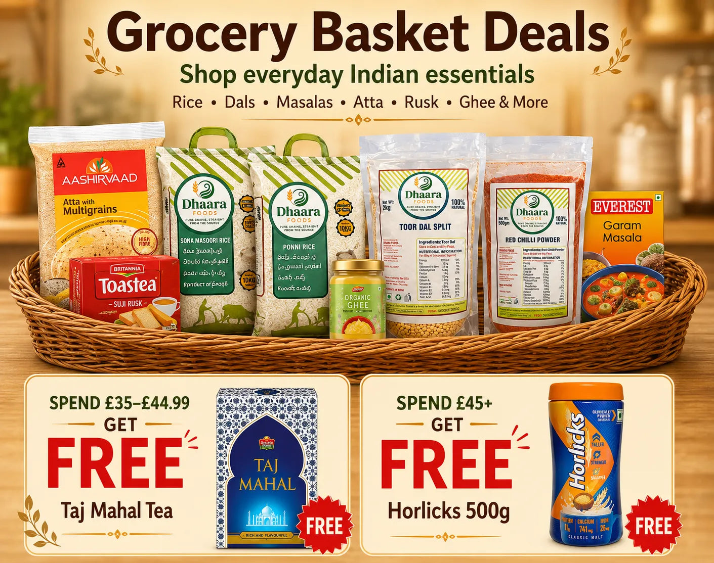 Grocery basket with Indian essentials and promotional offers on a wooden surface.