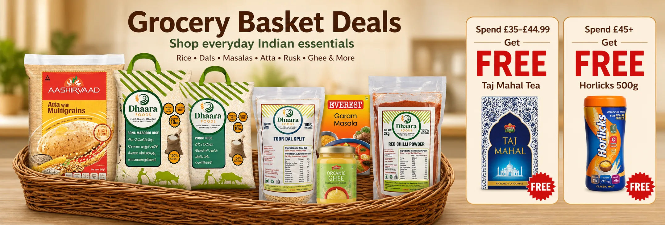 Grocery basket with Indian essentials and promotional offers on a wooden surface.