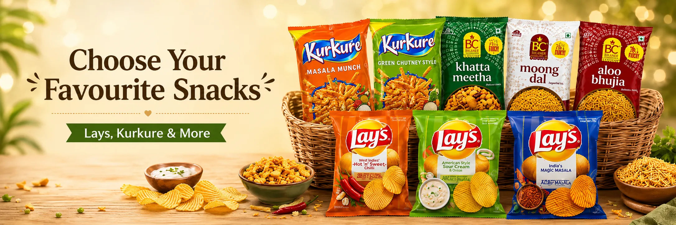 A promotional banner showing multiple snack packages from Lay's and Kurkure arranged in baskets on a wooden table, with bowls of chips and a warm blurred background. Text on the left reads 'Choose Your Favourite Snacks' and 'Lays, Kurkure & More'.