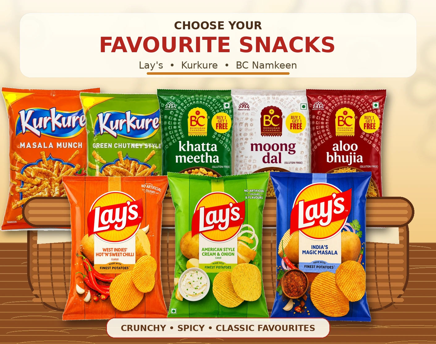 A promotional graphic showing multiple snack bags arranged on a wooden shelf against a warm cream background. Visible brands include Lay's, Kurkure, and BC Namkeen, with headline text reading 'Choose your favourite snacks.