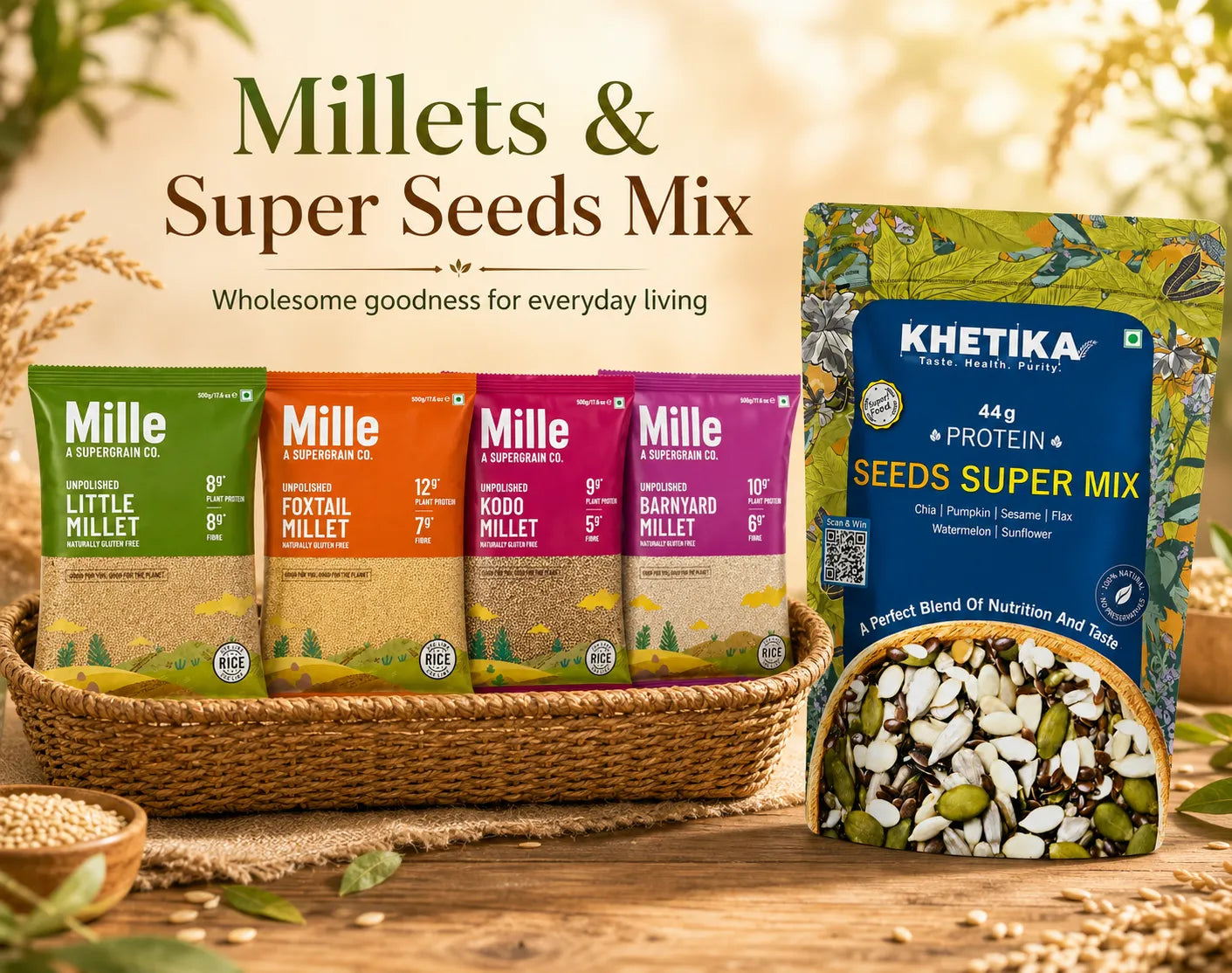 A promotional product shot for Khetika Millets & Super Seeds Mix, showing a woven basket with four colorful pouches (green, orange, pink, and purple) and a larger blue stand-up pouch of Seeds Super Mix on a rustic wooden table with grains and herbs.