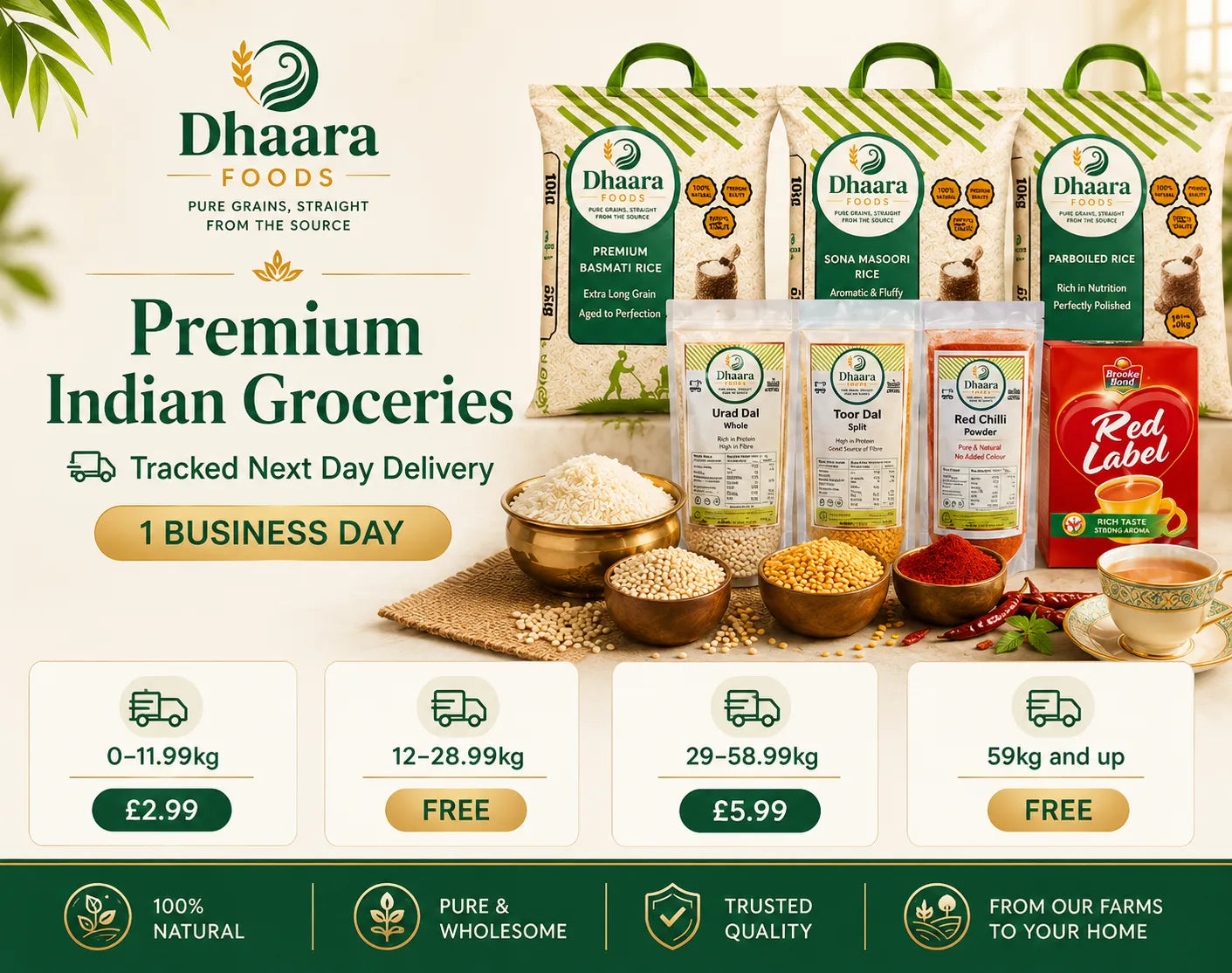Dhara Foods premium Indian groceries advertisement with products and delivery information.