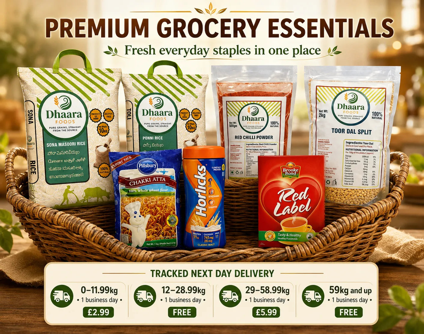 Basket of Dhaara and other branded groceries with promotional text about tracked next day delivery.
