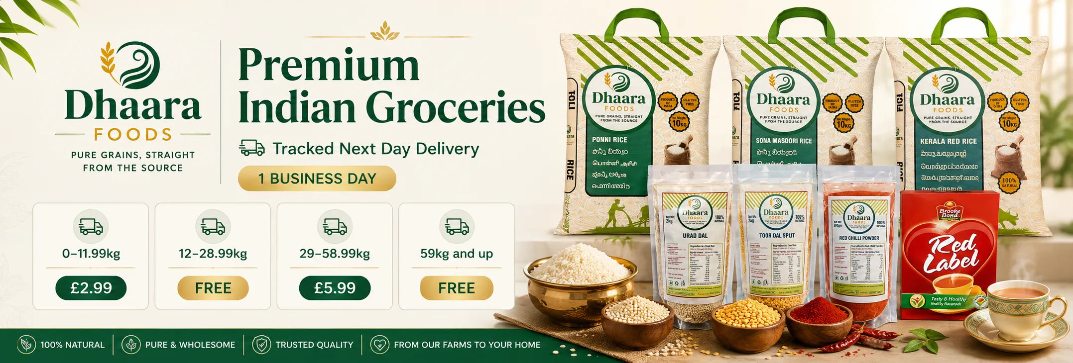 Dharaa Foods premium Indian groceries with packaging and products displayed.
