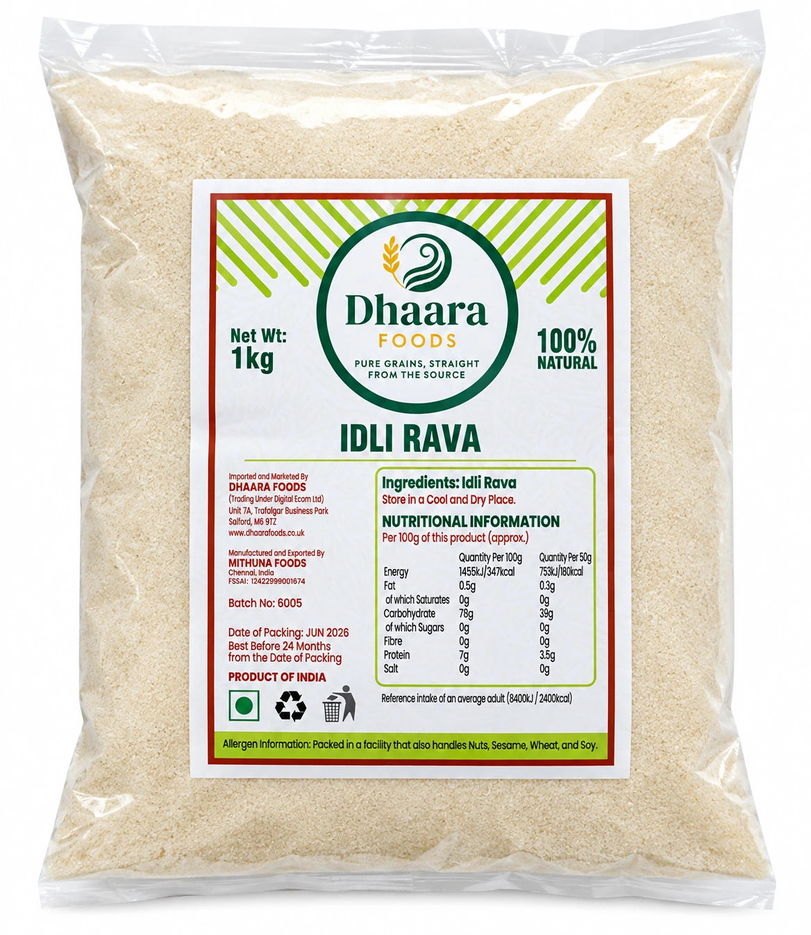 Dhaara Idli Rava 1kg pack – South Indian idli rava