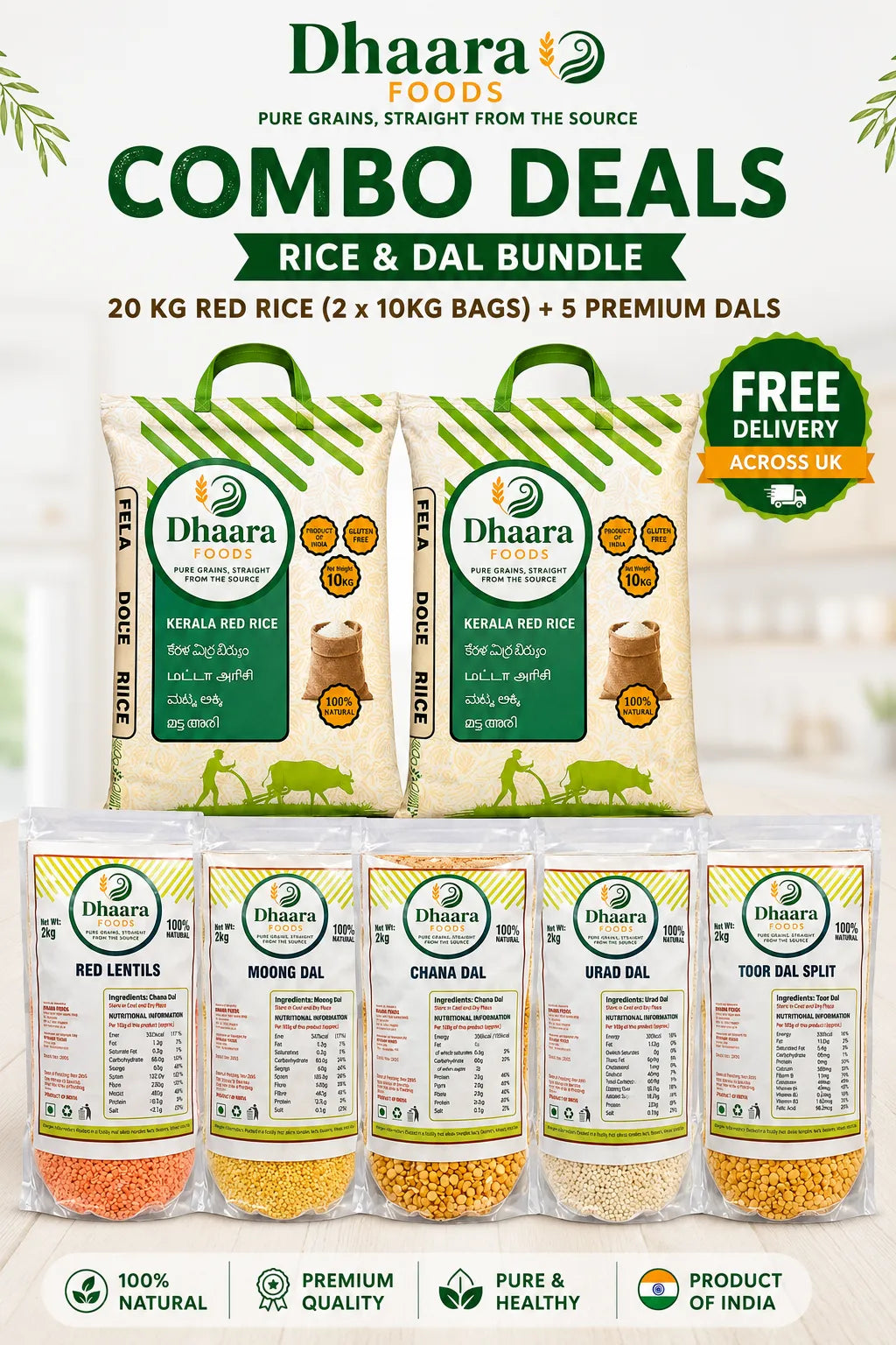 Dhaara Kerala red rice 20kg (2x10kg bags) combo bundle with 5 dals free delivery UK