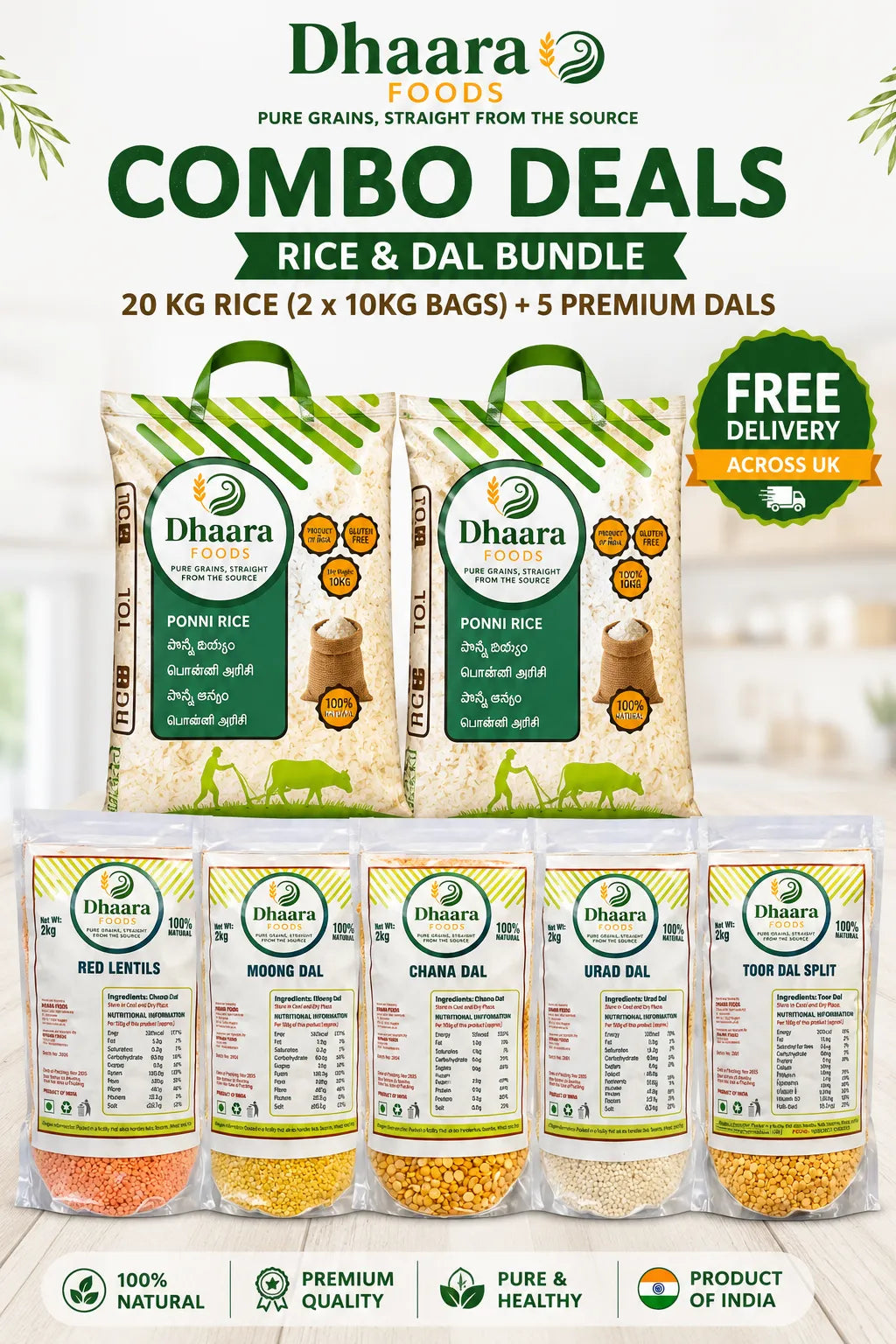 Dhaara Ponni rice 20kg (2x10kg bags) combo bundle with 5 dals free delivery UK