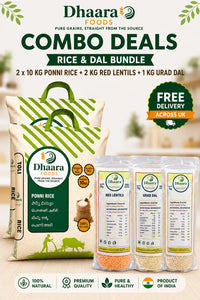 Dhaara Ponni rice 20kg (2x10kg bags) with 2kg red lentils and 1kg urad dal combo free delivery UK