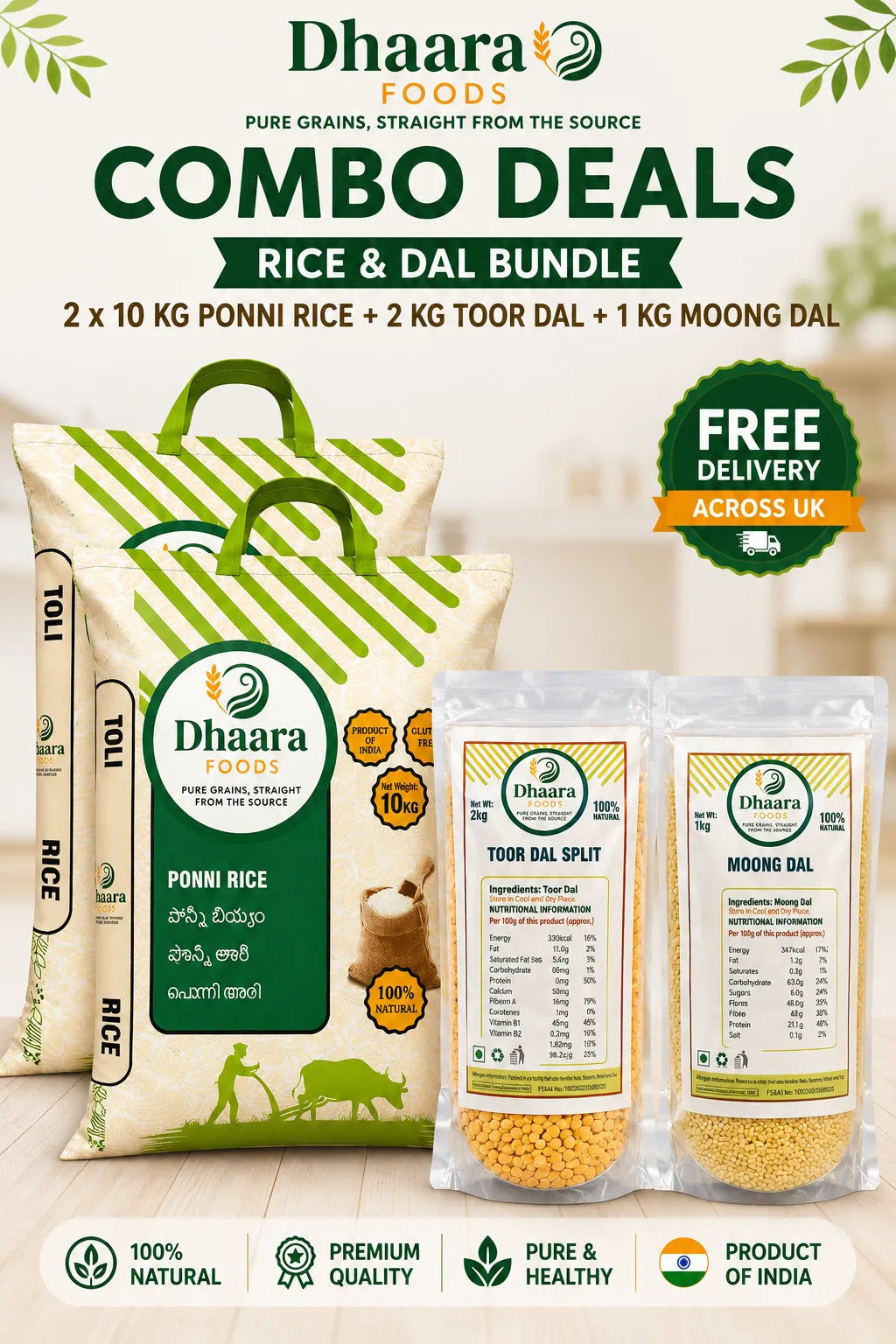 Dhaara Ponni rice 20kg (2x10kg bags) with 2kg toor dal and 1kg moong dal combo free delivery UK