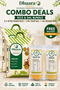 Dhaara Ponni rice 20kg (2x10kg bags) with 2kg toor dal and 1kg moong dal combo free delivery UK