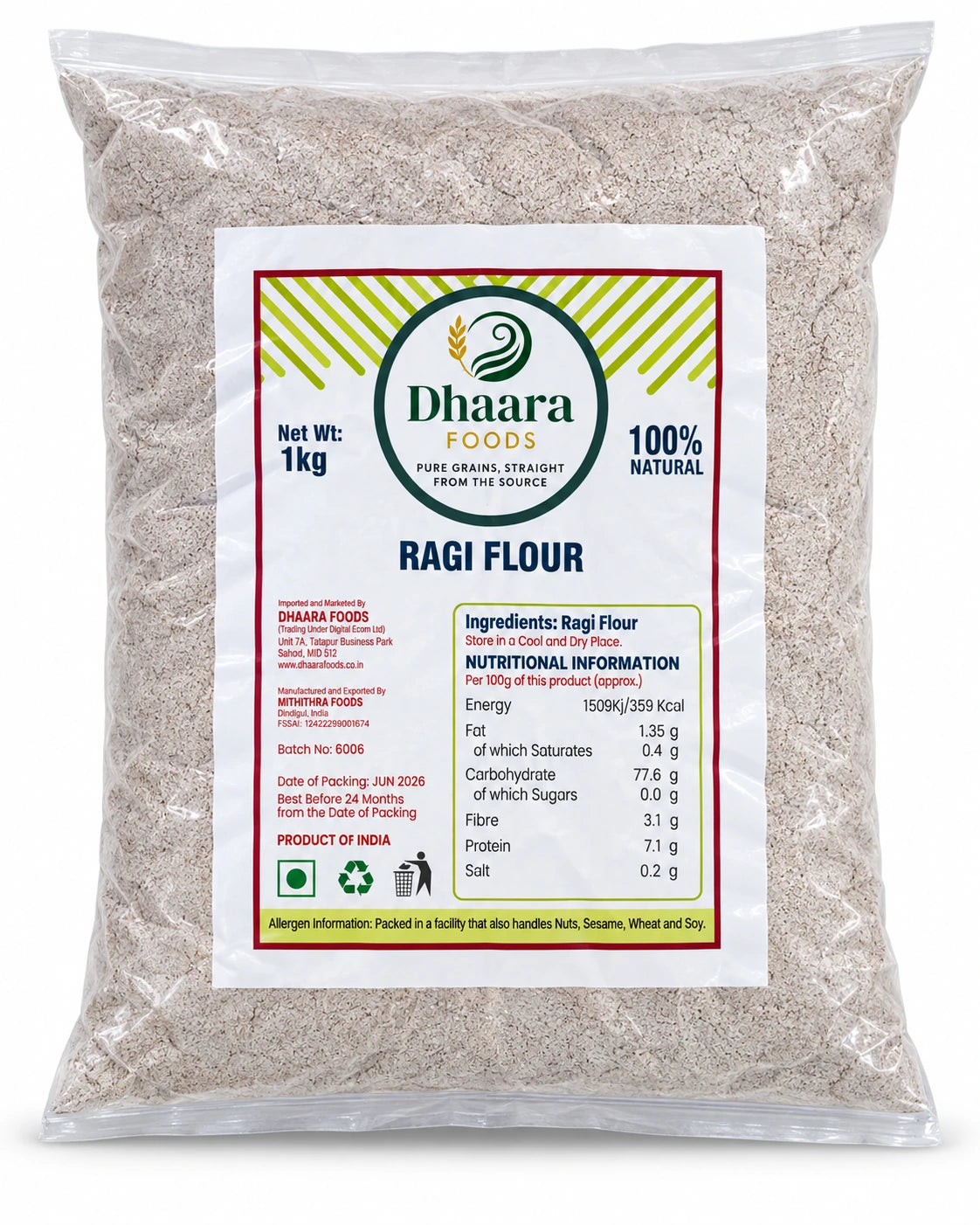 Dhaara Ragi Flour 1kg pack – finger millet flour
