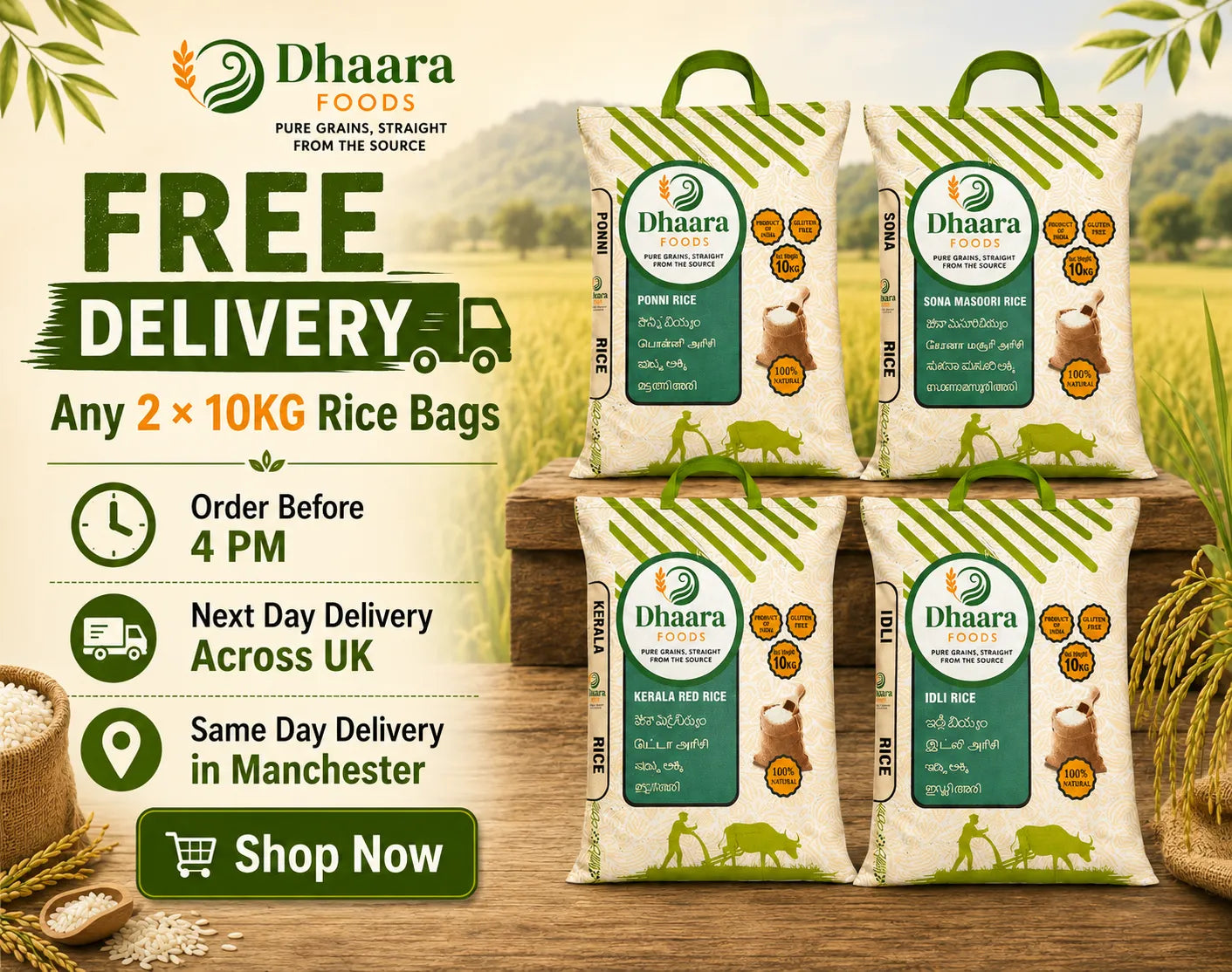 Dhara Foods rice bags with promotional text on a wooden surface with a natural background.