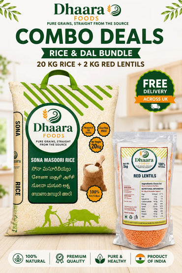 Dhaara Sona Masoori rice 20kg with 2kg red lentils combo bundle free delivery UK