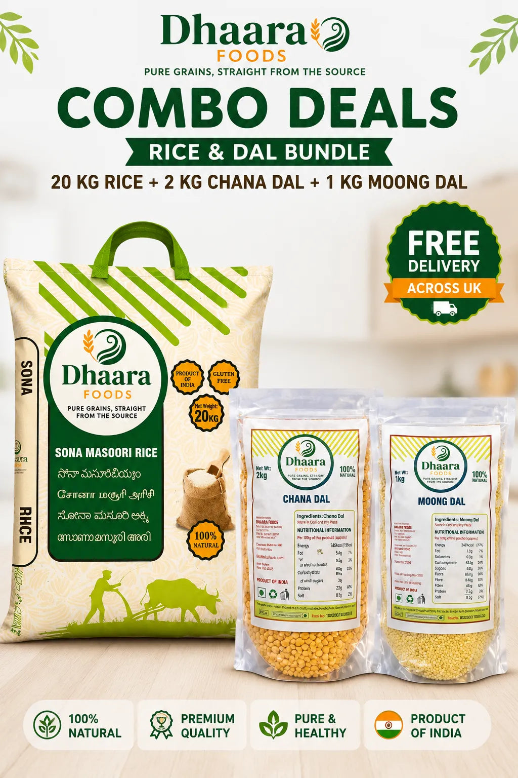 Dhaara Sona Masoori rice 20kg with 2kg chana dal and 1kg moong dal combo free delivery UK