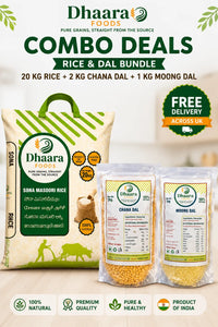 Dhaara Sona Masoori rice 20kg with 2kg chana dal and 1kg moong dal combo free delivery UK