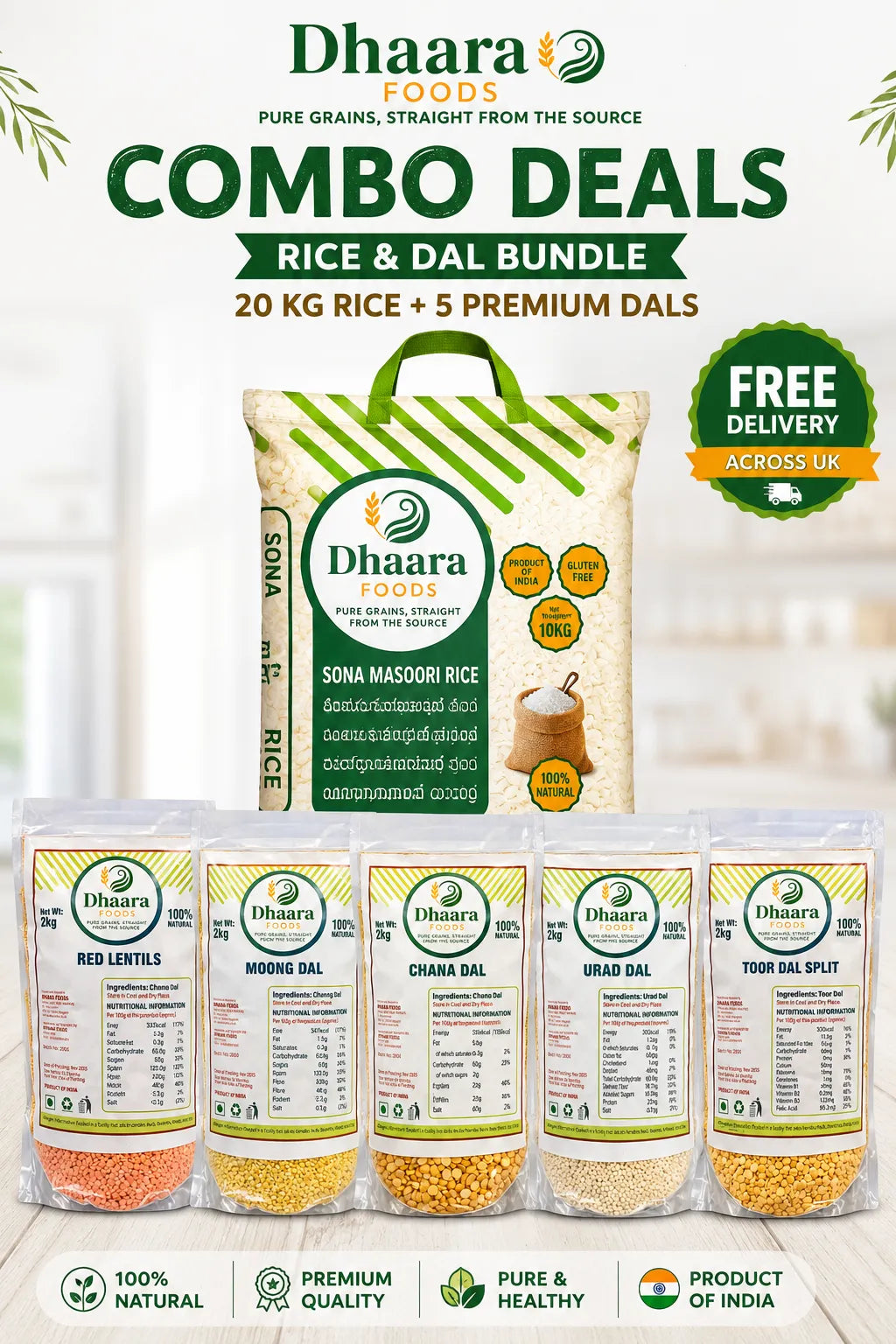 Dhaara Sona Masoori rice 20kg combo bundle with 5 dals free delivery UK Indian grocery pack
