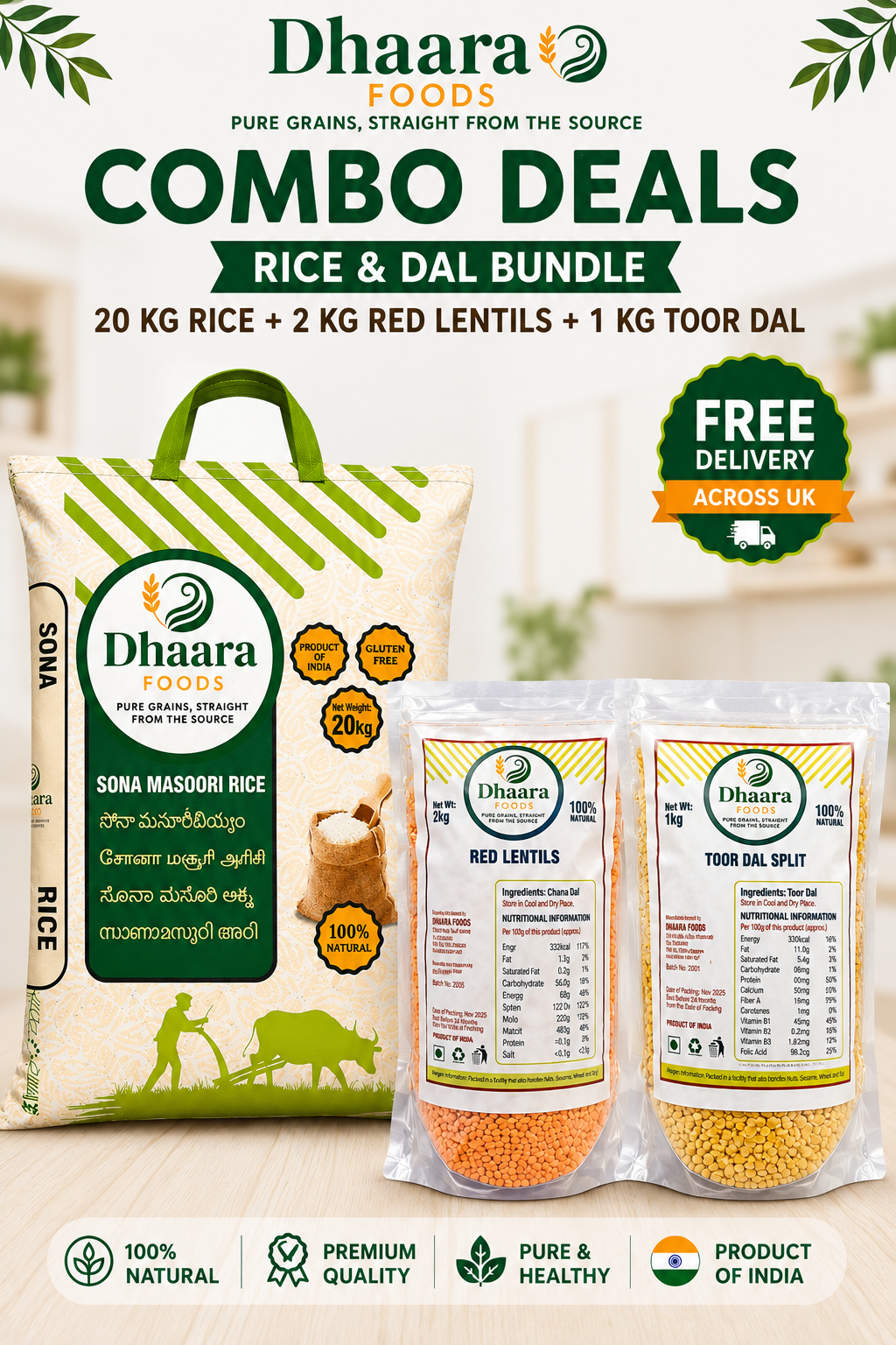 Dhaara Sona Masoori rice 20kg with 2kg red lentils and 1kg toor dal combo free delivery UK