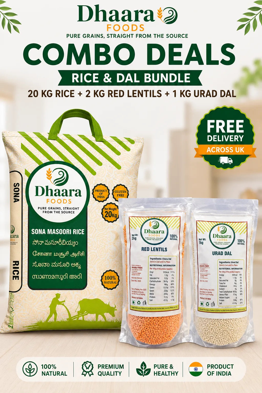 Dhaara Sona Masoori rice 20kg with 2kg red lentils and 1kg urad dal combo free delivery UK