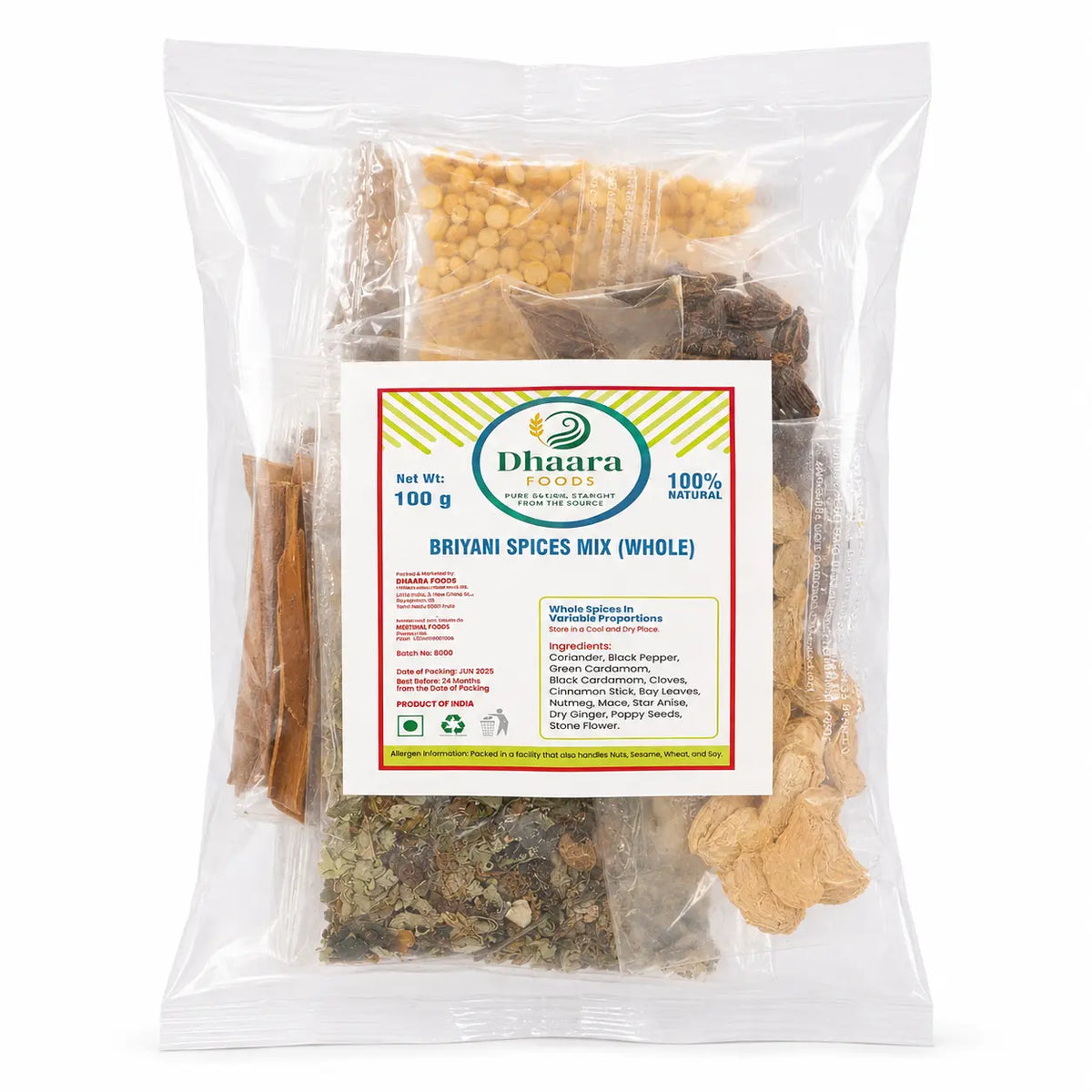 Dhaara Whole Biryani Spice Mix 100g pack with aromatic Indian whole spices