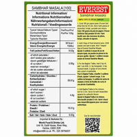 Everest Sambar Masala 100g back label with nutrition information and cooking instructions
