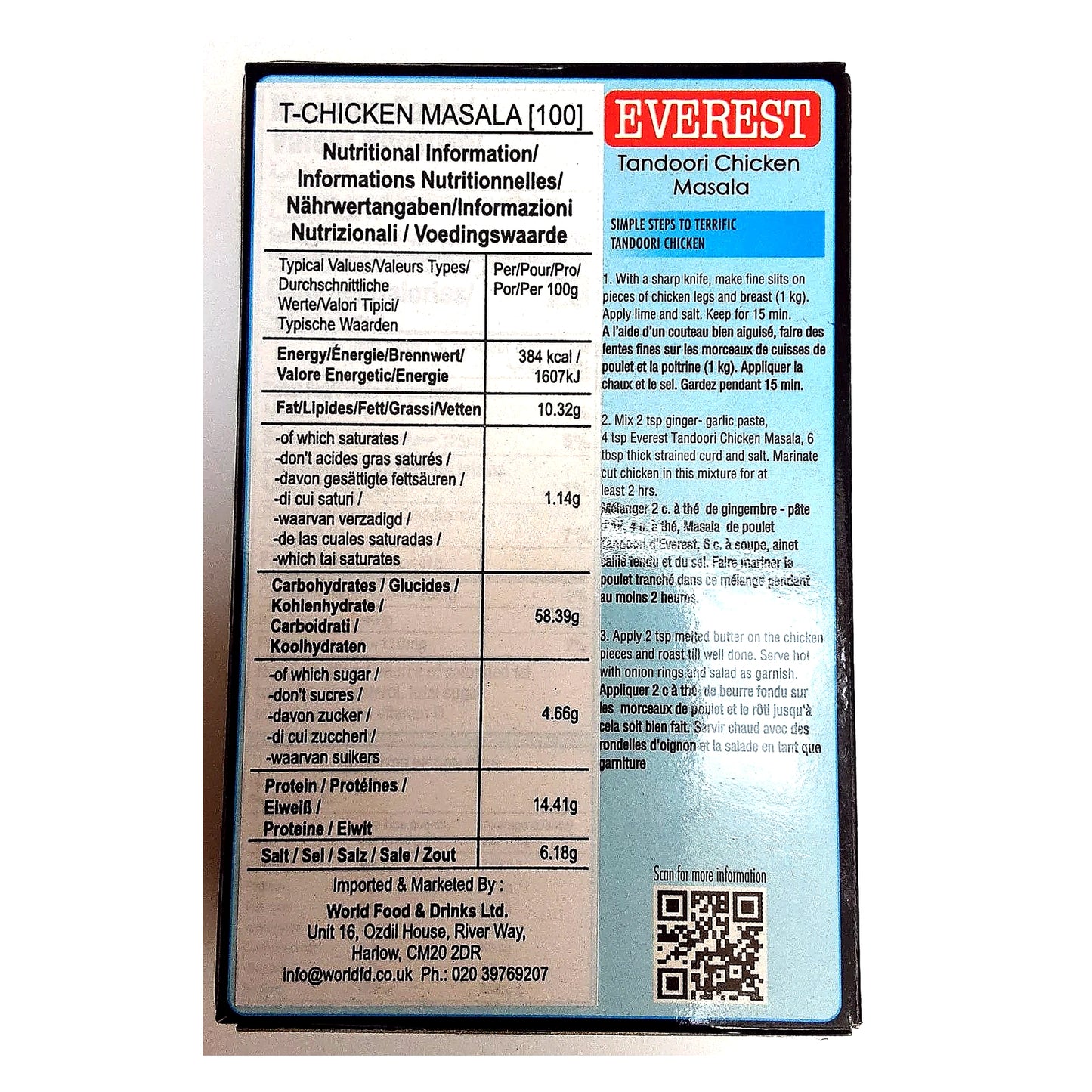 Everest Tandoori Chicken Masala 100g back label with nutrition information and cooking instructions