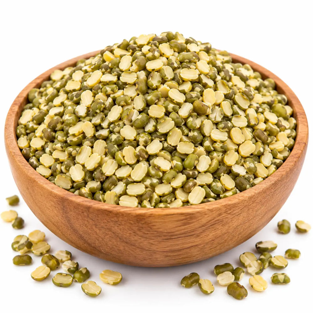 Split moong beans with green skin in a wooden