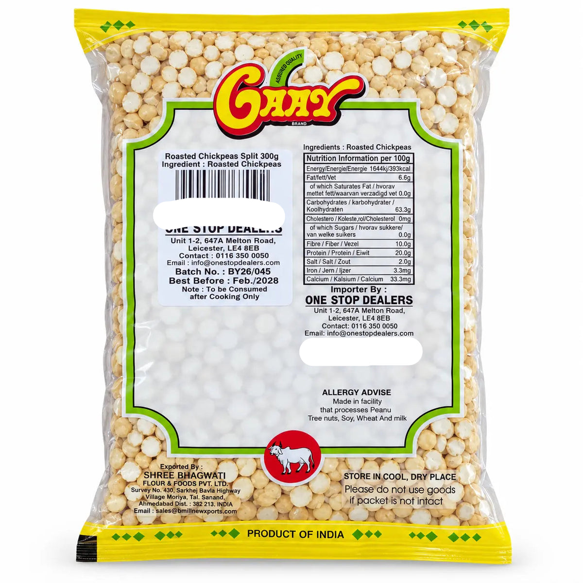 Gaay roasted split chickpeas 300g ingredients and allergen label