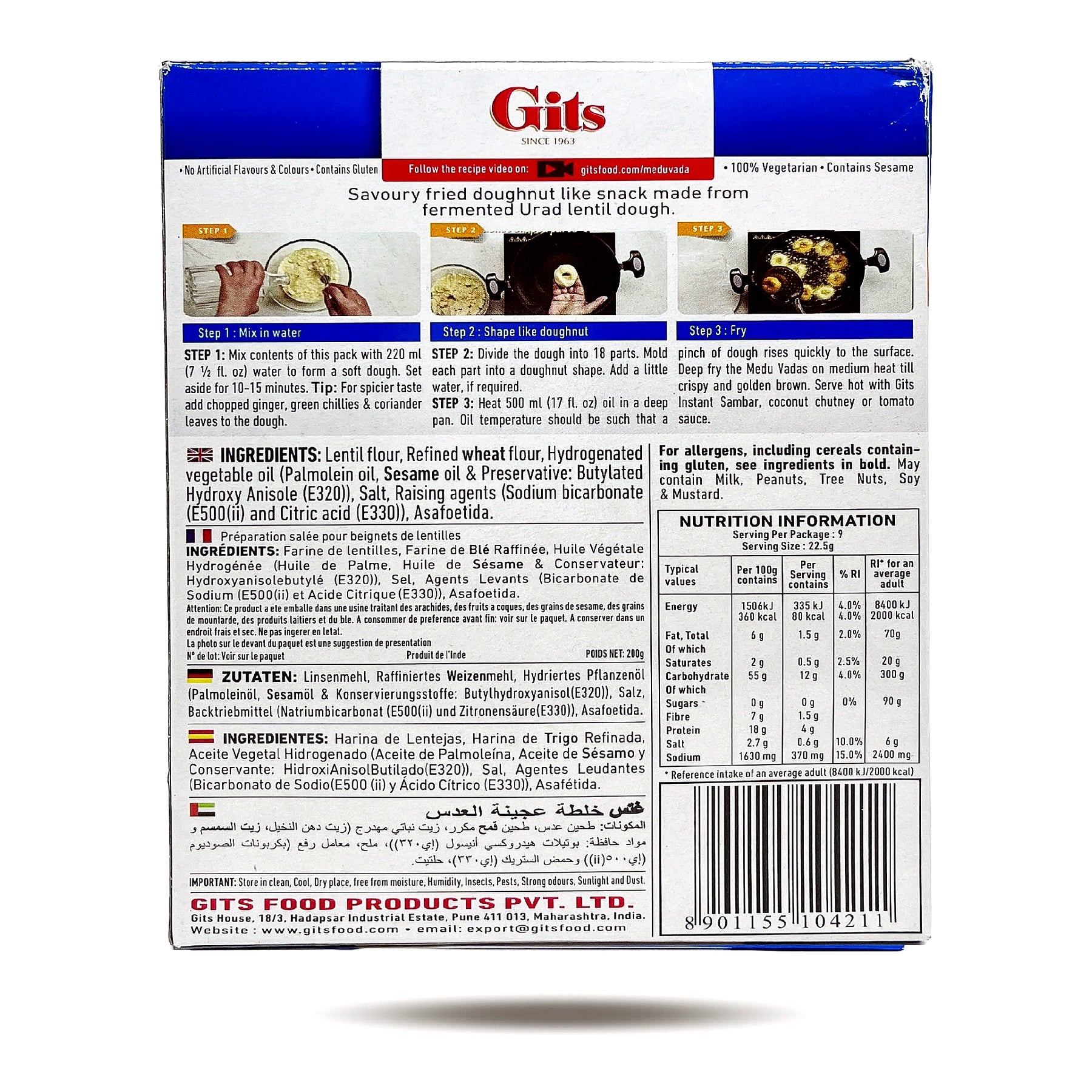 Gits Medu Vada Mix 200g back label with ingredients cooking instructions and nutrition information