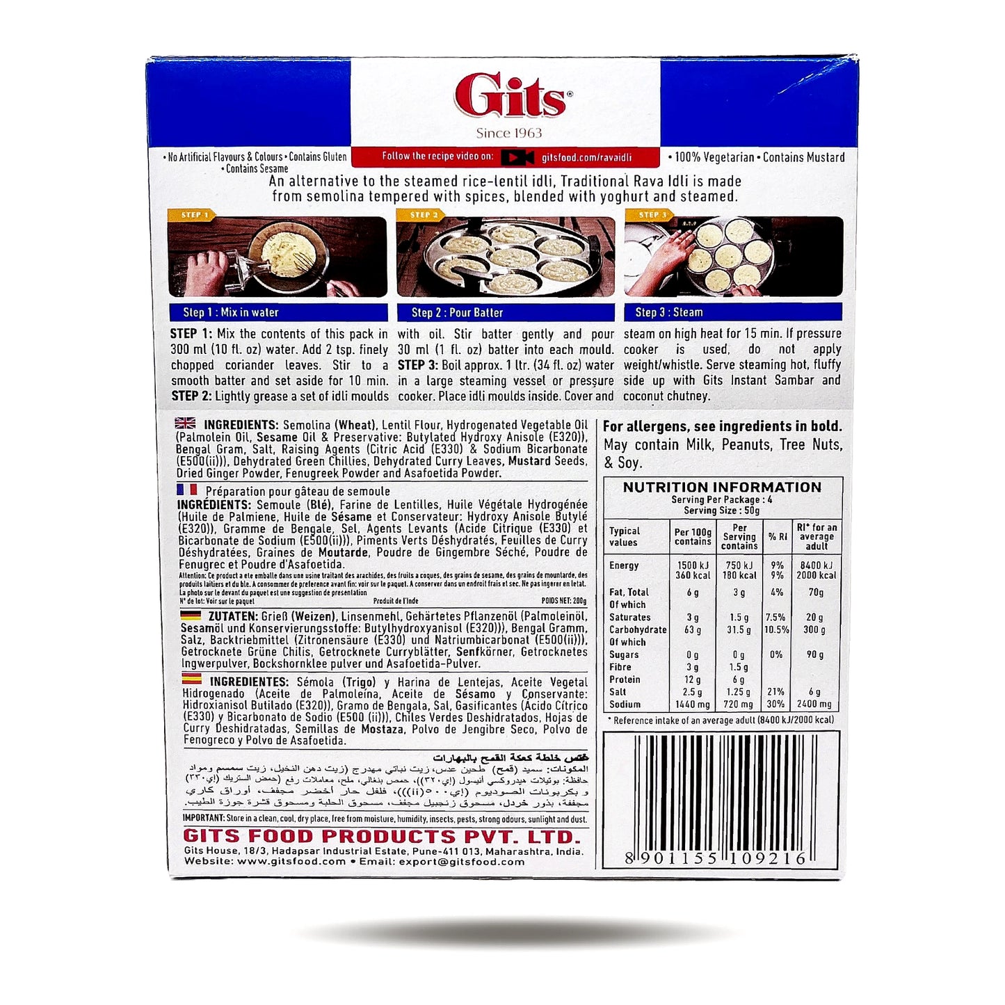 Gits Rava Idli Mix 200g back label with ingredients cooking instructions and nutrition information