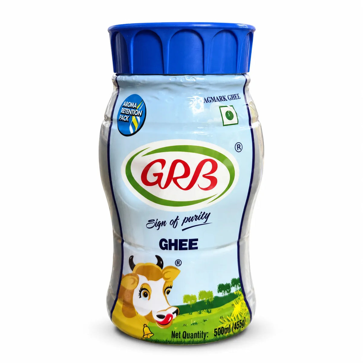 A 500ml plastic bottle of GRB Ghee on a plain white background. The bottle has a blue screw cap, a light blue and white label with the red and green GRB logo, and an illustration of a cow at the bottom.